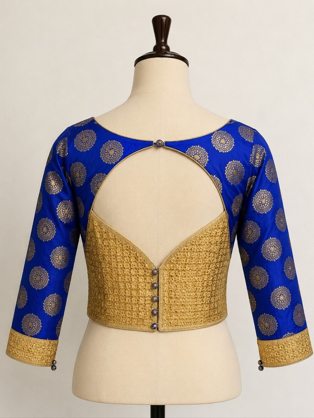 Ready To Wear Royal Blue Dupion Silk Readymade Saree Blouse with Long Sleeves - Picture 2 of 7